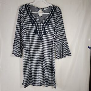 Crown & Ivy Dark Blue White Gingham Dress XL Embroidered Neckline Bell Sleeves